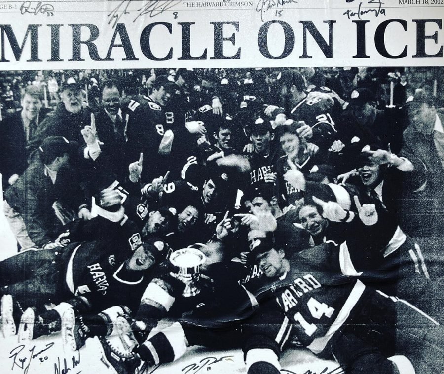 Harvard Crimson front page, March 2002, headline Miracle on Ice, the men's hockey team celebrating with the Whitelaw Trophy